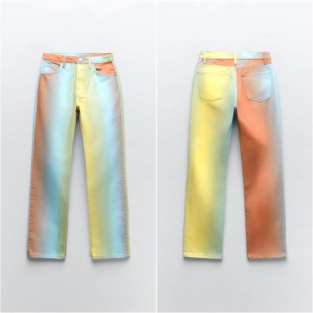 NWT, ZARA, Watercolor Colorblock Straight Leg Jeans In Multicolor